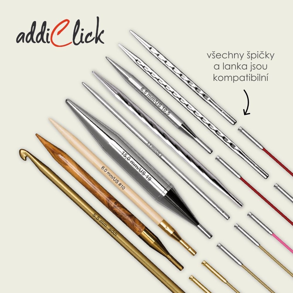 addiClick – přehled špiček (kov, dřevo, lace)